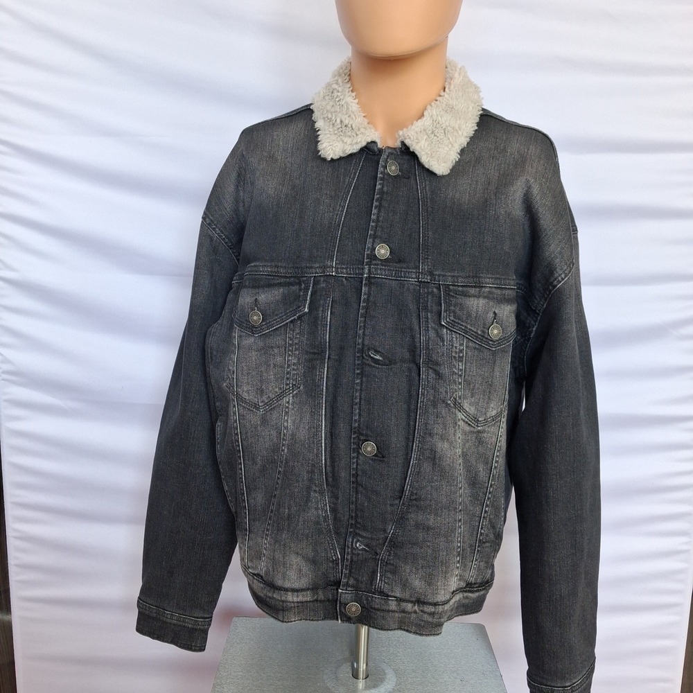 Diesel Mens Faded Black Denim Trucker Jacket Faux Shearling Borg Collar Large